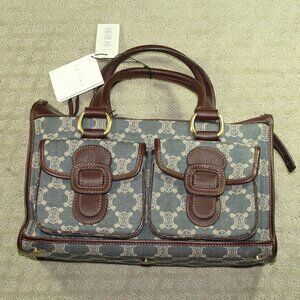 CELINE Macadam Denim Shoulder Bag Hand Bag Blue Canvas Leather *imperfect*